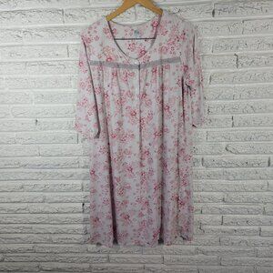 Aria Women's 1X Nightgown Pink White Floral Lace Trim 3/4 Sleeve FLO288E